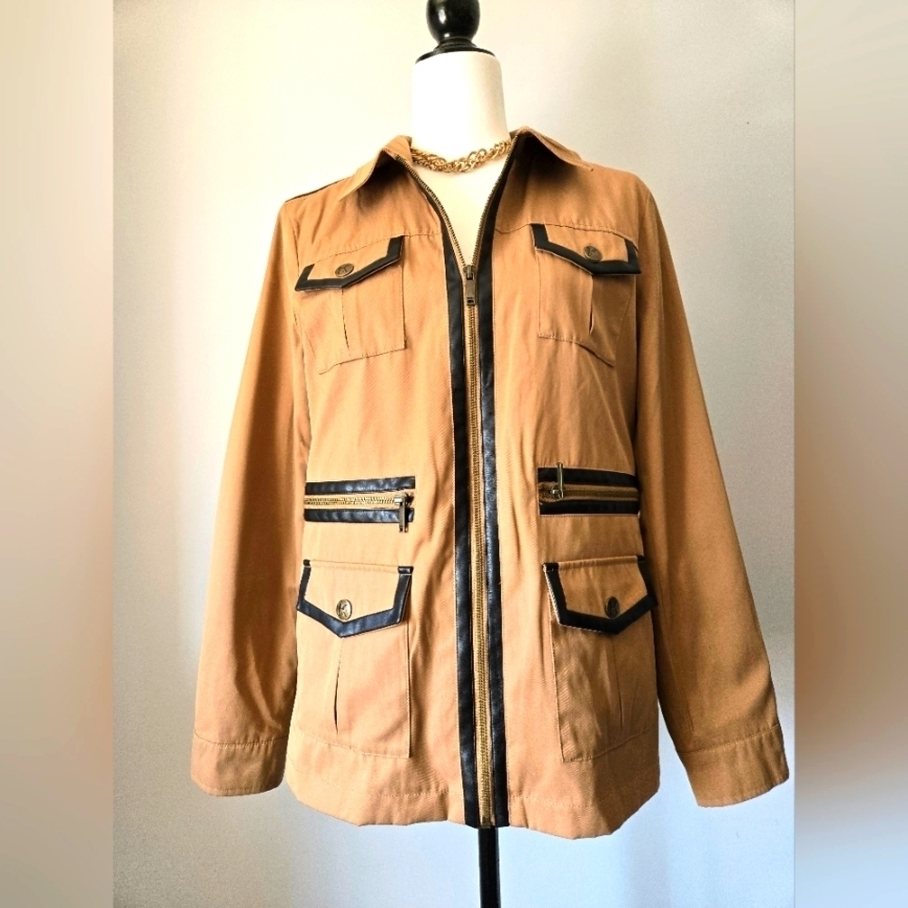 KARL LAGERGELD Tan Utility Jacket with Black Trim. Size Small